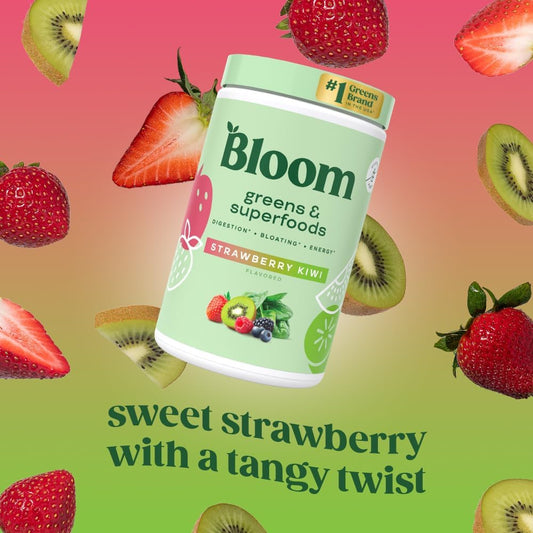 Bloom Nutrition Superfood Greens Powder, Digestive Enzymes With Probiotics And Prebiotics, Gut Health, Bloating Relief For Women, Chlorella, Juice Mix With Beet Root Powder, 25 Svg, Strawberry Kiwi