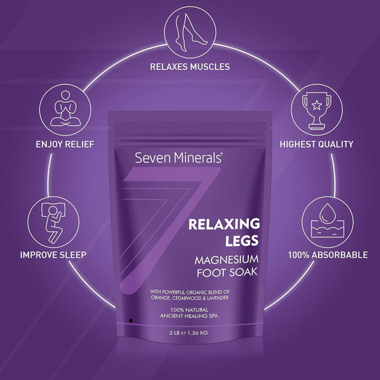 Seven Minerals Relaxing Legs Magnesium Chloride Flakes 3Lb – Absorbs Better Than Epsom Salt - Unique Foot Soak Formula For Tired Legs And Leg Cramps - With Orange, Cedarwood & Lavender