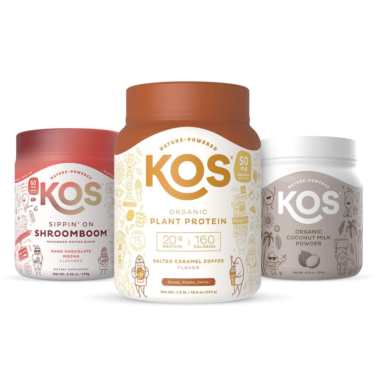 KOS Coffee Lovers Bundle (Organic Salted Caramel Coffee Plant Protein + Mushroom Coffee Blend + Coconut Milk Powder)
