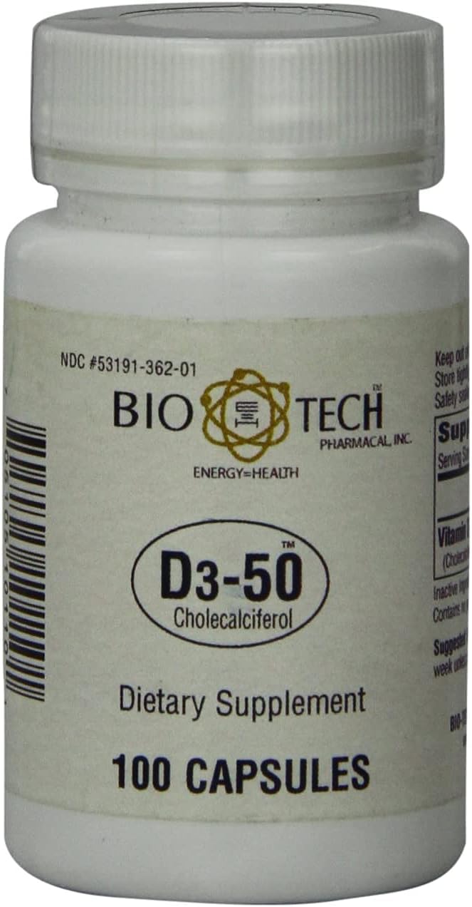 Bio-Tech Pharmacal D3-50 50,000 IU, 100 Capsules ? All-Natural Supplement ? Supports Bone, Cardiovascular, Neuromuscular, & Immune Health ? No Dairy, Fish, Gluten, Peanut, Shellfish, & Soy