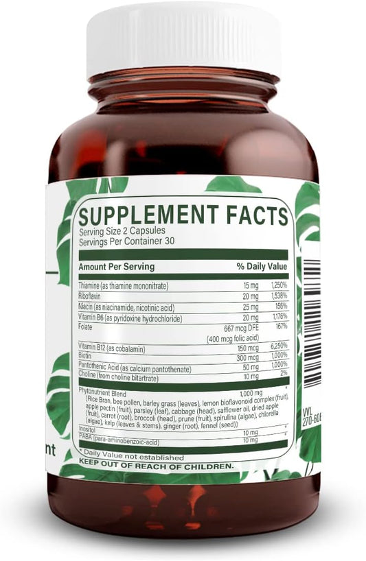 Natural Nutra Vitamin B Complex With Niacin, Folate, Thiamin, Biotin, Supports Nervous System Health, Skin, Eyes And Hair Health, Whole Food Supplement, 60 Vegetarian Capsules