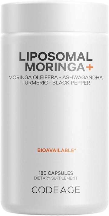 Codeage Liposomal Moringa+ Supplement, 400Mg Moringa 50:1 Extract (20,000Mg Moringa Oleifera Leaf Equivalent), Turmeric, Ashwagandha, Black Pepper, 3-Month Supply, Vegan Moringa Powder - 180 Capsules