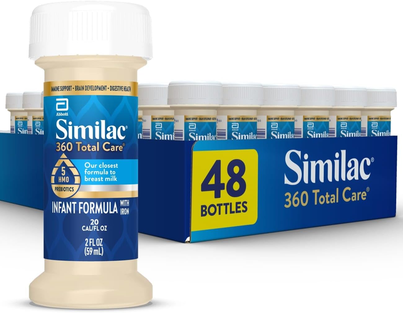 Similac 360 Total Care Infant Formula, Has 5 HMO Prebiotics, Our Closest Prebiotic Blend to Breast Milk, Non-GMO,‡ Baby Formula, Ready to Feed, 2-fl-oz Bottle, Pack of 48