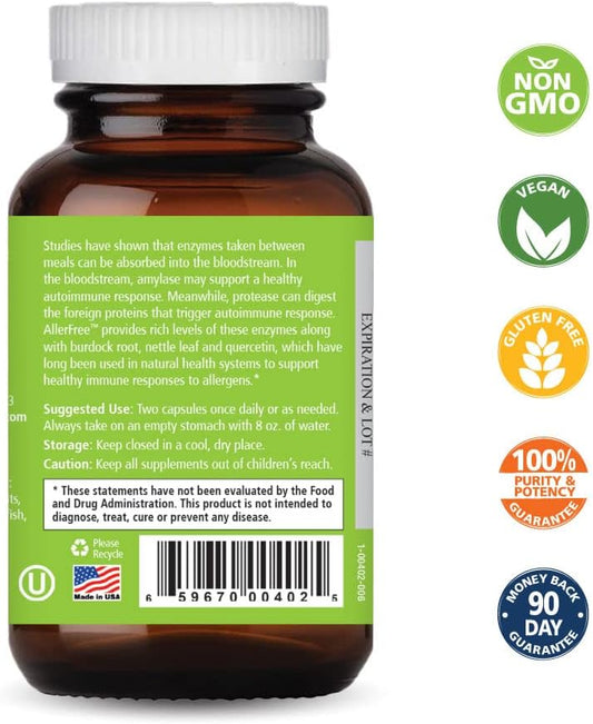 AllerFree Natural Allergy Support Supplement by Pure Essence Labs - Non Drowsy Pills for Sinus and Nasal Health Seasonal Allergies with Enzymes and Herbs - 60 Capsules