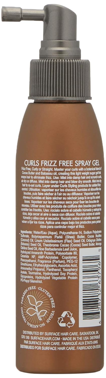 Surface Hair Curl Frizz Free Spray Gel, Lightweight Control With Cocoa Butter And Babassu Oil, For Curly Or Straight Hair 4 Fl. Oz