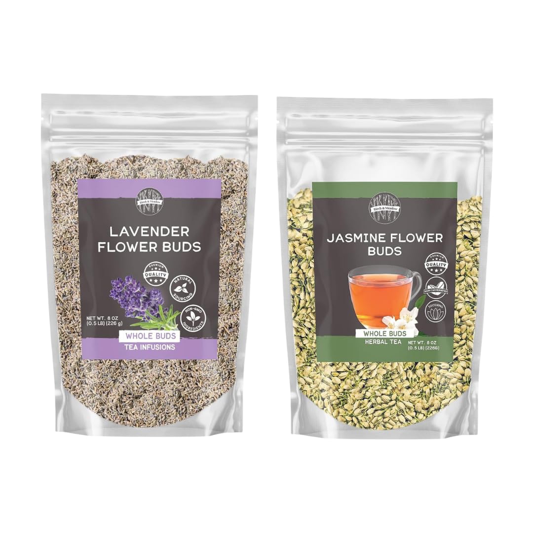 Birch & Meadow Jasmine Flower Buds And Lavender Flower Buds Bundle, 8 Oz Each, Sweet Smelling, Teas