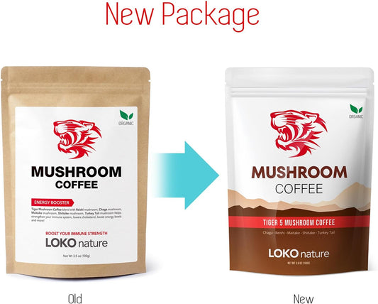 Tiger Organic 5 Mushroom Instant Coffee with 100% Arabica - Powerful Natural Ingredients | Reishi, Maitake, Shiitake, Chaga & Turkey Tail - Immune System Booster | Gluten-Free, Vegan, Dairy Free
