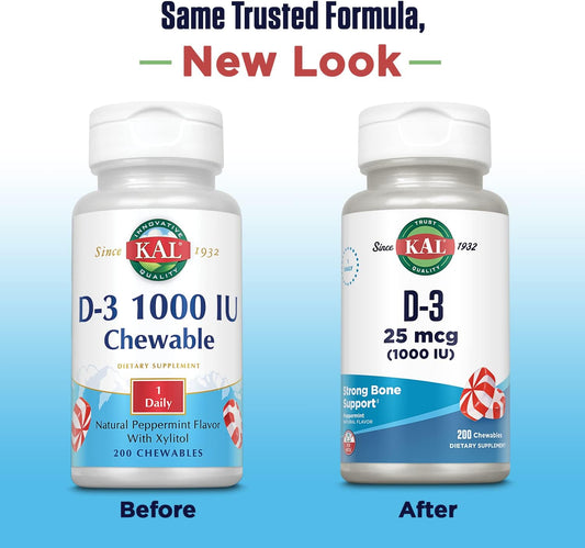 Kal Vitamin D-3 1000 Iu Chewable | Peppermint Flavor | Healthy Immune Function & Bone Support | 200 Chews, 200 Serv