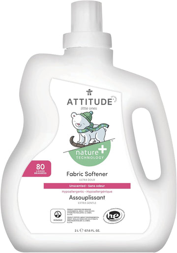 ATTITUDE Baby Fabric Softener, Plant and Mineral-Based Ingredients, HE Compatible, Vegan and Cruelty-free Laundry and Household Products, Unscented, 80 Loads, 67.6 Fl Oz