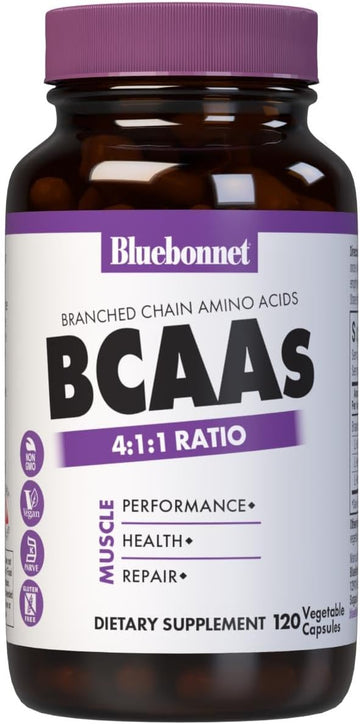 Bluebonnet Nutrition Bcaas 4:1:1 Ratio, Muscle Performance*, Muscle Health*, Muscle Repair*, Non-Gmo, Vegan, Kosher Certified, Gluten-Free, Soy-Free, Dairy-Free, 120 Vegetable Capsules, 30 Servings