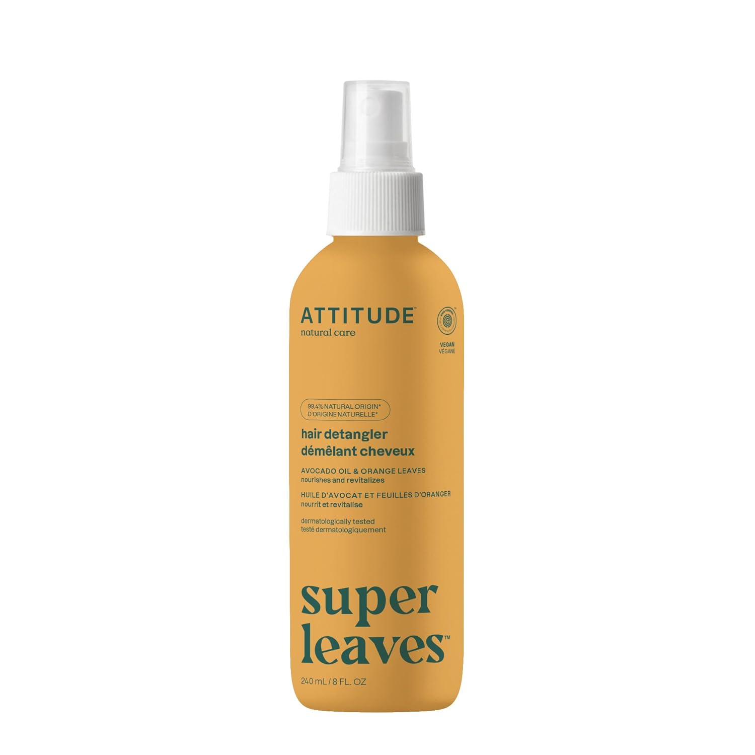 Attitude Detangling Spray, Ewg Verified, Plant-Based Ingredients, Vegan, Orange Leaves, 8 Fl Oz