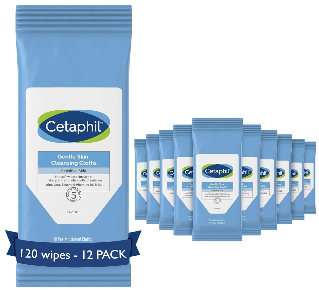 Cetaphil Face And Body Wipes, Gentle Skin Cleansing Cloths, For Dry, Sensitive Skin, Flip Top Closure, Great For The Gym, Hypoallergenic, Fragrance Free, 10 Count (Pack Of 12)