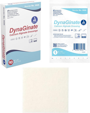 Dynarex Dynaginate Calcium Alginate Wound Dressing - Sterile, Non-Stick Topical Wound Pads - Absorbent Gel Patches For Moderate To High Exuding Cuts - For Medical & Home Use - 2"X 2", Box Of 10