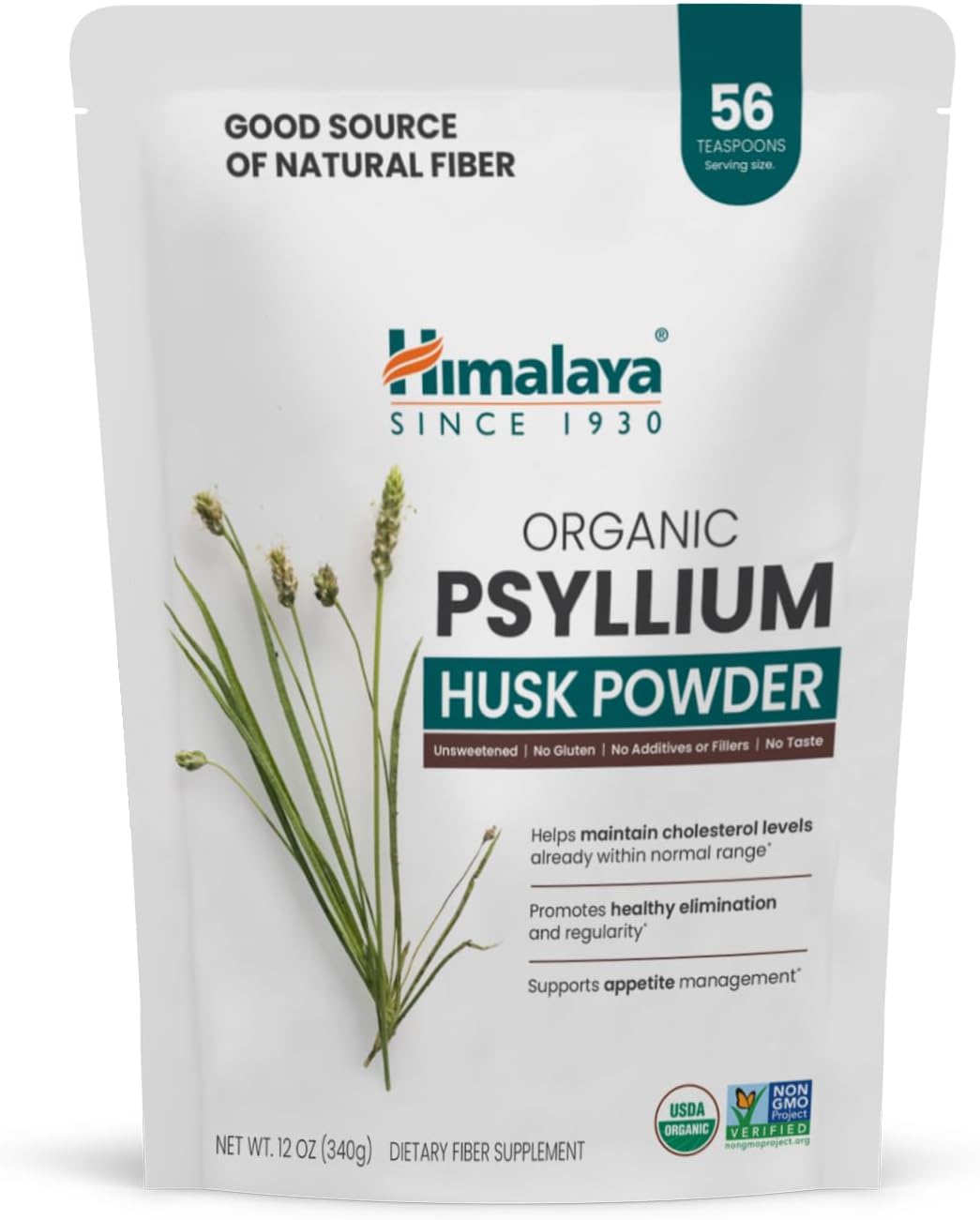 Himalaya Organic Psyllium Husk Powder, Daily Dietary Fiber Supplement, Regularity, Appetite Management, Usda Certified Organic, Non-Gmo, No Artificial Colors, Unflavored, 56-Teaspoon Supply, 12 Oz