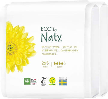 Eco by Naty Sanitary Pads Super – Plantbased and Absorbent Sanitary Pads for Women, Organic Cotton Menstrual Product, Better for Feminine Health (2 x 5 Count)