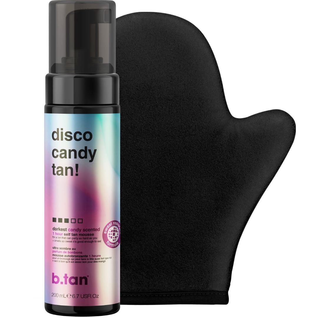 b.tan Dark Self Tanner Kit | Disco Candy Tan Bundle - 1hr Sunless Tanner Mousse, Candy-Scented, Sweat-Proof & Transfer Resistant, No Fake Tan Smell, No Added Nasties, Vegan, Cruelty Free, 6.7 Fl Oz