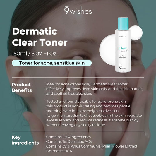 9 Wishes Dermatic Clear Toner - Mild Exfoliating Acne Treatment Face Toner - 5.07Fi.Oz