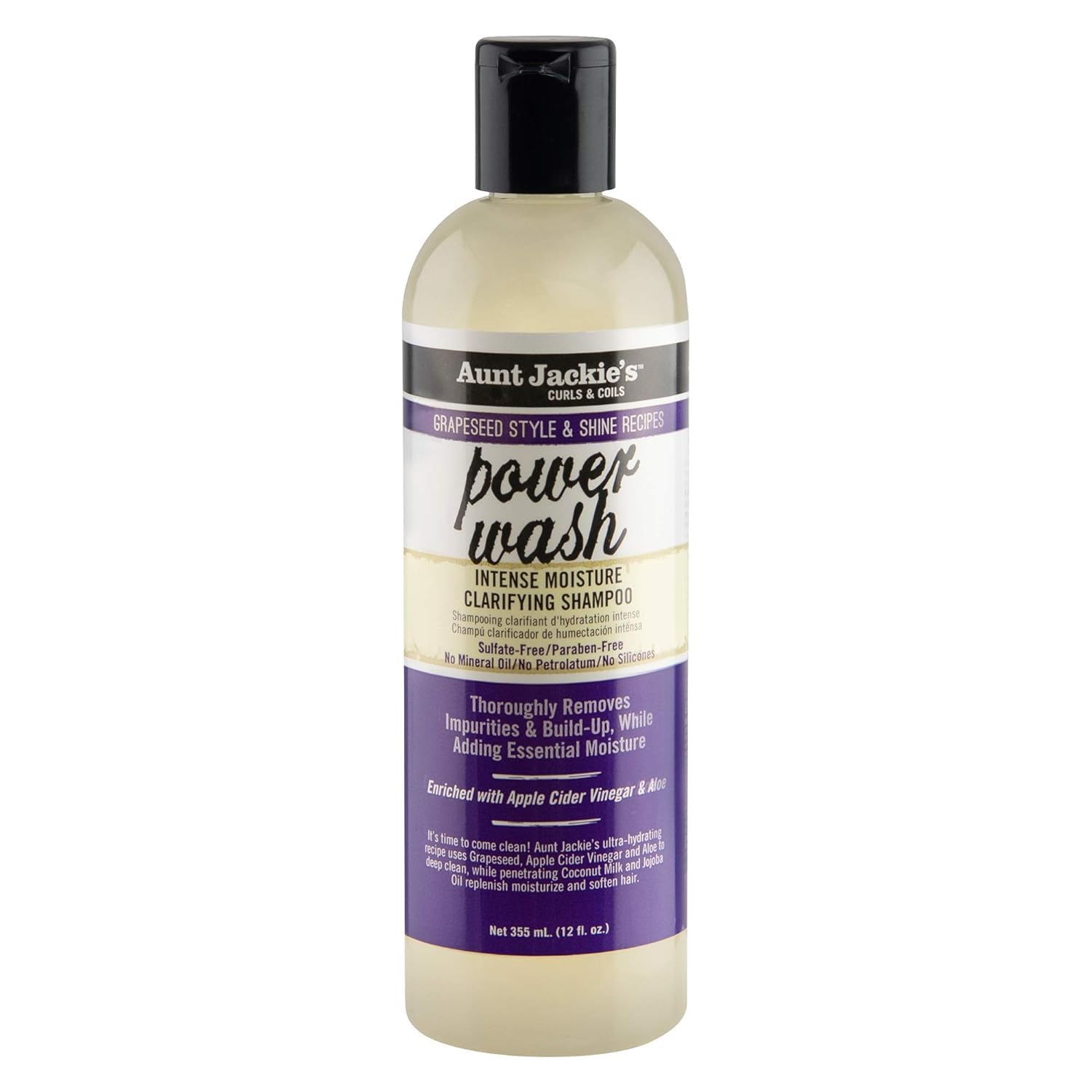 Aunt Jackie'S Grapeseed Style And Shine Recipes Power Wash Intense Moisture Clarifying Hair Shampoo, 12Oz