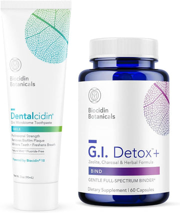 Dentalcidin Toothpaste (3 Oz) + G.I. Detox+ Gentle Binder (60 Capsules) By Biocidin - Assists In Removing Biofilms & Plaque To Help Maintain Healthy Teeth & Gums + Toxin Binder - 2 Product Bundle