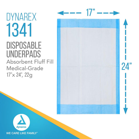 Dynarex 1341 Disposable Underpad, Medical-Grade Incontinence Bed Pad To Protect Sheet, Mattresses, And Furniture, 17" X 24", 22G, 100 Count (Pack Of 1)