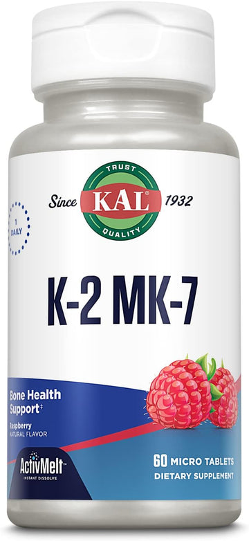 KAL Vitamin K2 MK7 ActivMelt 100 mcg, Vitamin K Supplement as Superior K2 MK7, Bone Health, Heart and Artery Health Support, Natural Raspberry avor, Vegan, Gluten Free, 60 Servings, 60 Micro Tablets