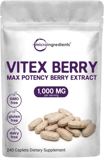 Micro Ingredients Vitex Berry Supplement, 1,000Mg Per Serving, 240 Caplets | Potent Chaste Tree Berry Extract | Promotes Menstrual, Fertility, & Hormone Balance For Women | Non-Gmo