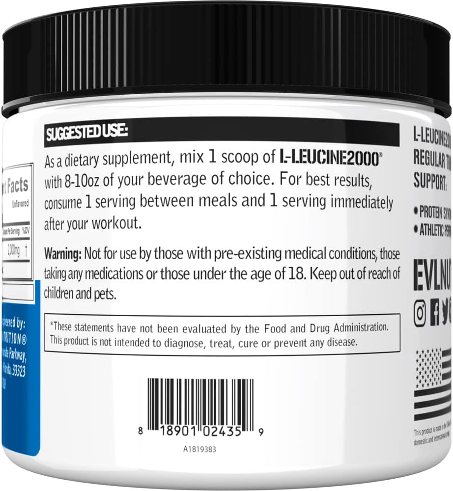 Evlution Nutrition L-Leucine2000, 2000mg of Pure L-Leucine in Each Serving, Protein Synthesis, Recovery, Vegan, Gluten-Free, Unflavored Powder (100 Servings) : Health & Household