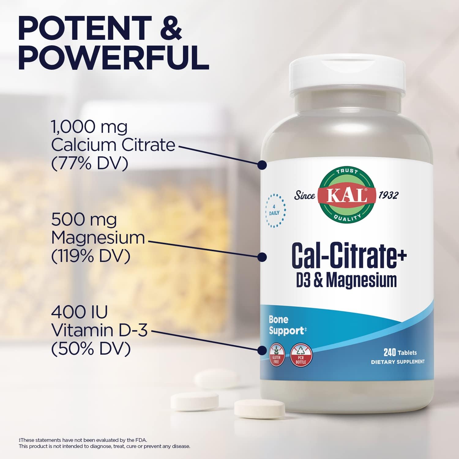 KAL Cal-Citrate+, Calcium Citrate Plus Vitamin D-3 and 500 mg of Magnesium, Healthy Bones and Teeth Support, Gluten Free and Lab Verified for Quality, 60 Servings, 240 Tablets : Health & Household