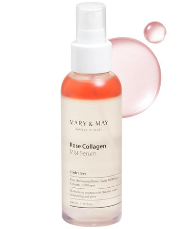 Mary&May Rose Collagen Mist Serum - Double Layer Essence Face Spray - Instant Hydration, Radiance, Anti-Aging And Glowing Skin With Damask Rose Water And Plant-Based Oils, 3.38 Fl.Oz