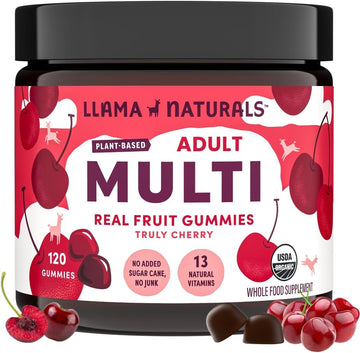 Llama Naturals Real Fruit Gummy Vitamins For Adults | No Added Sugar Cane | Whole Food Multivitamin Gummies | Women + Men | Vegan, Organic, Chewable | 120 Ct, 30 Day Supply | Cherry