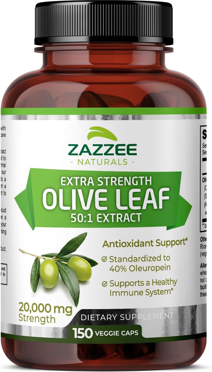 Zazzee Extra Strength Olive Leaf 50:1 Extract, 20,000 Mg Strength, 40% Oleuropein, 150 Vegan Capsules, 5 Month Supply, Concentrated And Standardized 50X Extract, 100% Vegetarian, Non-Gmo, All-Natural