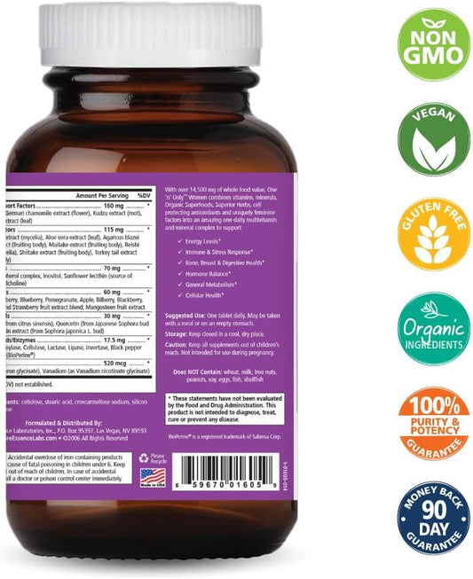 Pure Essence Labs One N Only Multivitamin For Women, Natural One A Day Herbal Supplement With Vitamin D3, B12, And Biotin With Whole Foods, 90 Tablets