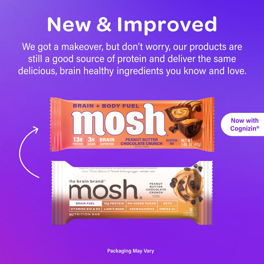 Mosh Peanut Butter Chocolate Keto Protein Bars, High Protein, Gluten Free, Brain Healthy Snack With Ashwagandha And Lions Mane, 12 Count