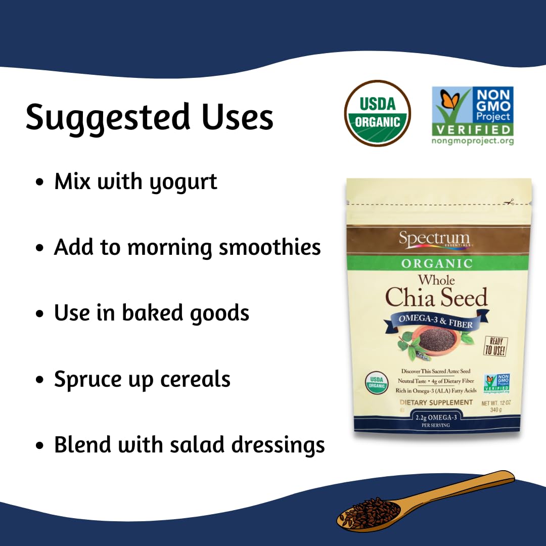 Spectrum Essentials Organic Chia Seed, Omega-3 & Fiber, 12 Oz : Cooking And Baking Chia Seeds : Grocery & Gourmet Food