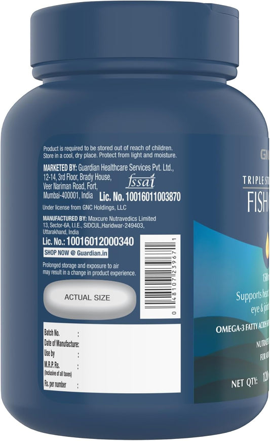 Gnc Triple Strength Fish Oil Omega 3 Supplement, 1000Mg Epa And Dha, Supports Heart, Brain, Skin, Eye And Joint Health, Burpless, Ultra Concentrated, High Potency, Wild Caught, 120 Softgels