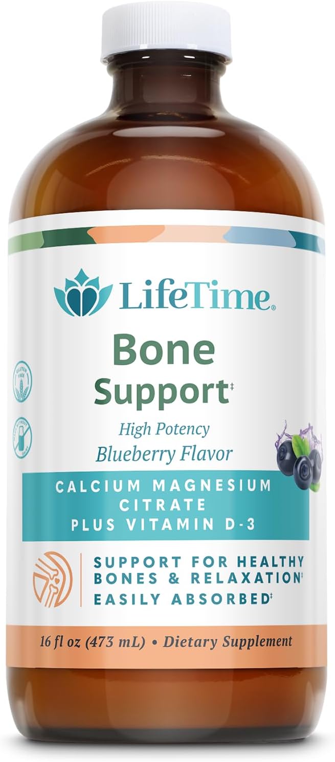 LIFETIME Bone Support, Calcium Citrate, Magnesium Citrate and Vitamin D-3, Relaxation, Bone and Muscle Support Formula, Easy Absorption, Blueberry Flavor, Approximately 32 Servings, 16 FL OZ