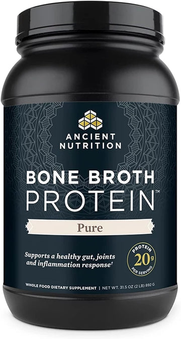 Ancient Nutrition Bone Broth Protein Powder, Pure Flavor, 20G Protein Per Serving, Supports Healthy Skin, Gut Health, Joint Supplement, Gluten Free, Paleo And Keto Friendly, 40 Servings