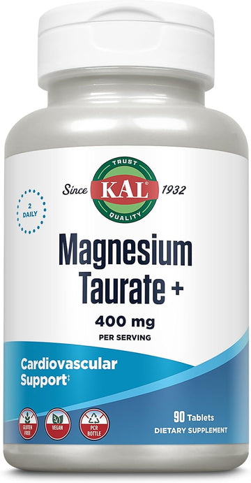 Kal Magnesium Taurate 400Mg Plus Coenzyme Vitamin B6, Chelated Magnesium Supplement, Healthy Muscle Function, Nerve And Heart Health Support, Gluten Free, Vegan, 60-Day Guarantee, 45 Serv, 90 Tablets