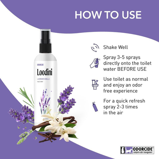 Odorcide Loo-Dini Lavender Vanillar 8oz Toilet Spray & Bathroom Spray – Use This Bathroom Spray Odor Eliminator Before You Go – Poop Spray For Toilet and Bathroom Air Freshener & Bathroom Deodorizer