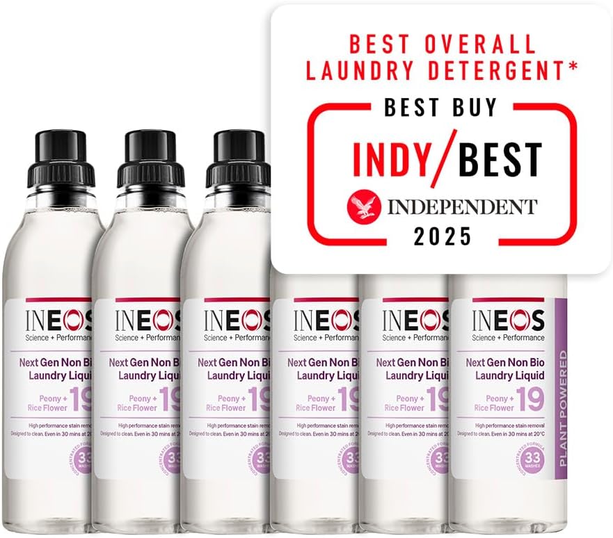 Ineos Next-Gen Non Bio Laundry Washing Liquid Detergent, 198 Washes (6 X 1L), High Performance Stain Remover For Clothes, Plant Powered, For Sensitive Skin, Peony + Rice Milk, Packaging May Vary