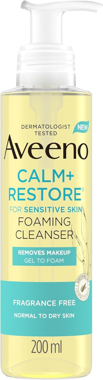 Aveeno Face Calm+Restore® Foaming Cleanser, Removes Makeup + Waterproof Mascara, Gel To Foam, For Sensitive Skin, Fragrance Free 200Ml