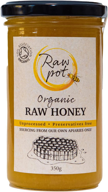 RAW POT - ORGANIC RAW HONEY – Natural Unpasteurised Pure Honey Rich in Antioxidants, Vitamins & Minerals, Probiotics for Digestive Health, Immunity, Energy Support | External Use for Skin Care (350g)