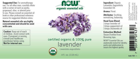 Now Foods Essential Oils, Organic Lavender Oil, Soothing Aromatherapy Scent, Steam Distilled, 100% Pure, Vegan, Child Resistant Cap, 4-Ounce