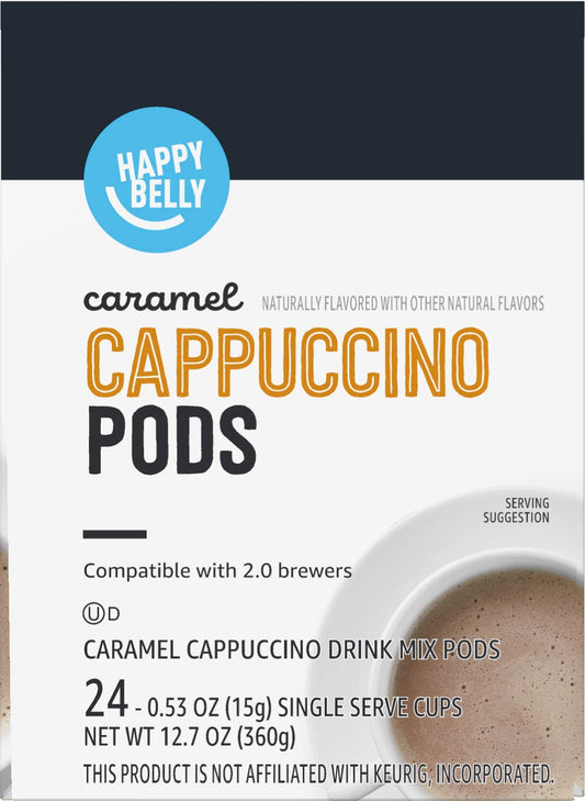 Amazon Brand - Happy Belly Cappuccino Coffee Pods Compatible With K Cup Brewers, Light Roast, Caramel Flavored, 24 Count, 12.72 Ounce (Pack Of 1)