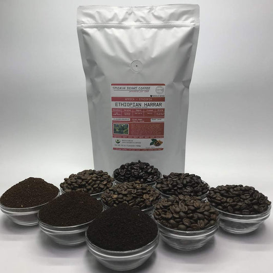 Ethiopia Harrar (Fresh Roasted Coffee) heirloom Arabica beans roasted-to-order daily medium roast whole bean, we can grind or provide lighter or darker roast upon request message at checkout