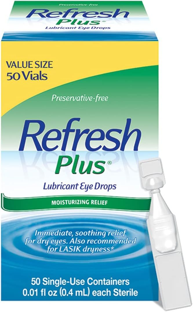 Refresh Plus Lubricant Eye Drops, Preservative-Free, 0.01 Fl Oz Single-Use Containers, 50 Count, Packaging May Vary