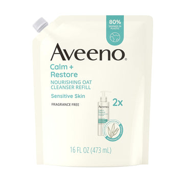 Aveeno Calm + Restore Nourishing Oat Facial Cleanser For Sensitive Skin, Gentle Face Wash With Nourishing Oat & Calming Feverfew, Hypoallergenic, Fragrance-Free, Refill Pouch, 16 Fl. Oz