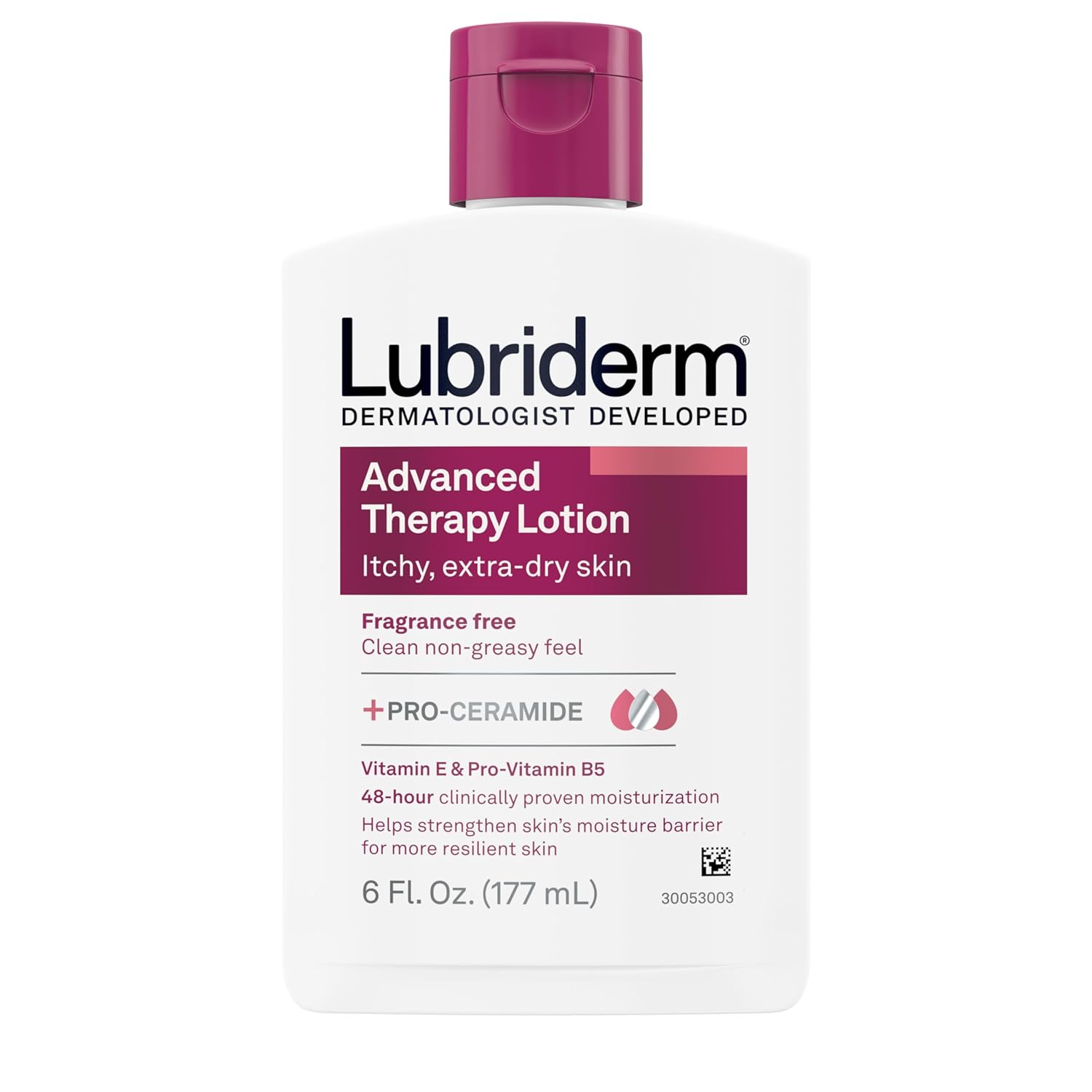 Lubriderm Advanced Therapy Fragrance Free Moisturizing Hand & Body Lotion + Pro-Ceramide With Vitamins E & Pro-Vitamin B5, Intense Hydration For Itchy, Extra Dry Skin, Non-Greasy, 6 Fl. Oz