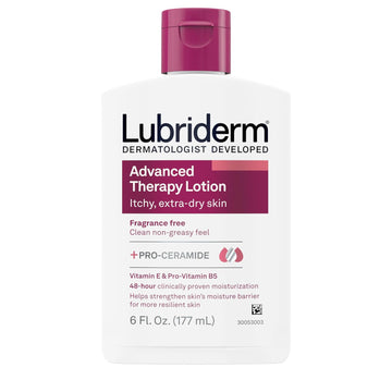 Lubriderm Advanced Therapy Fragrance Free Moisturizing Hand & Body Lotion + Pro-Ceramide With Vitamins E & Pro-Vitamin B5, Intense Hydration For Itchy, Extra Dry Skin, Non-Greasy, 6 Fl. Oz