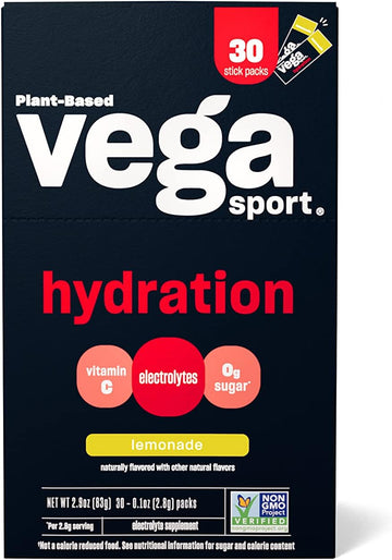 Vega Sport Hydration Electrolyte Powder, Lemonade - Post Workout Recovery Drink For Women And Men, Vitamin C, Vegan, Keto, Sugar Free, Dairy Free, Gluten Free, Non Gmo, 30 X 0.1 Oz Sachets